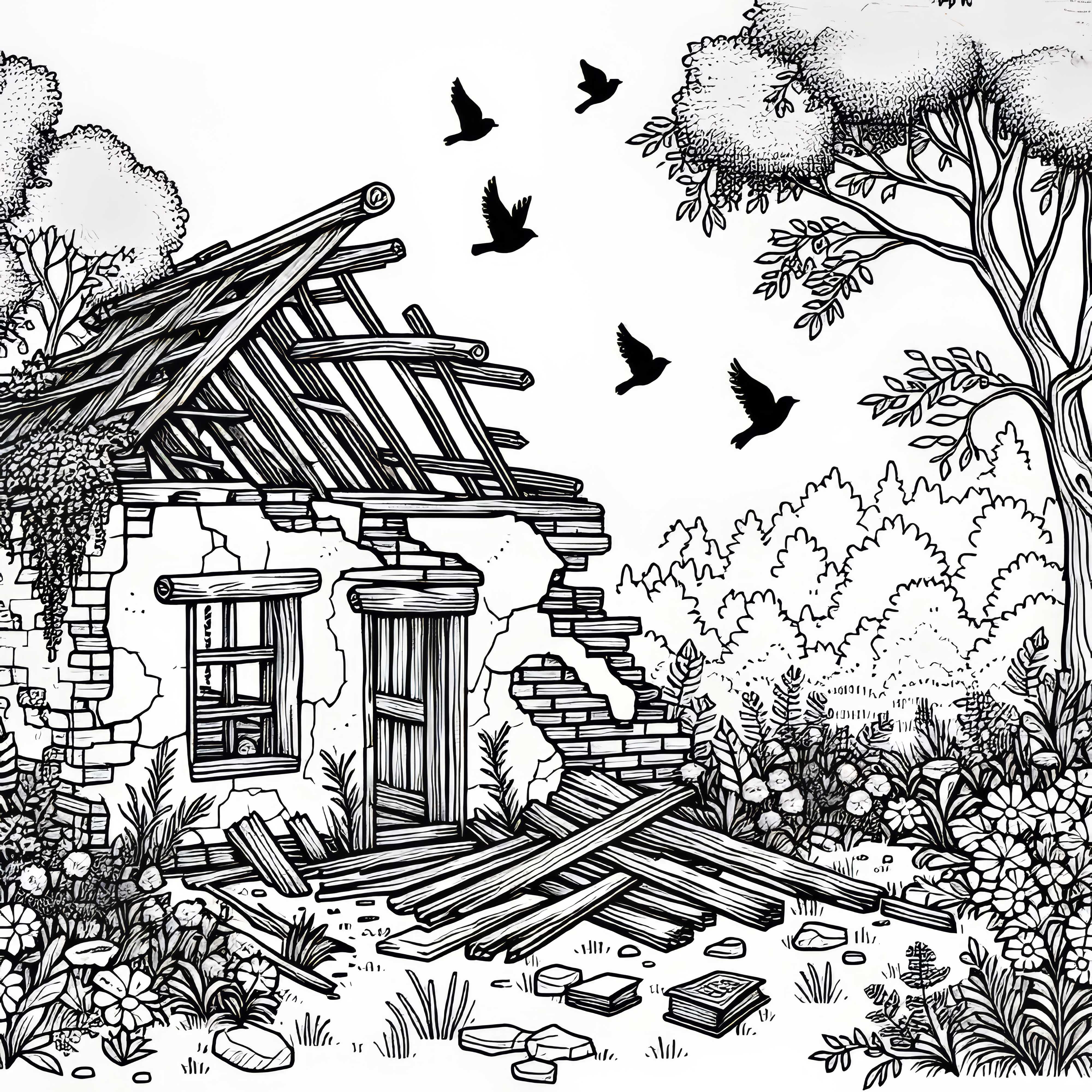 Безплатна оцветяваща картина на къща разрушена Безплатен рисувателен образ на руини на къща