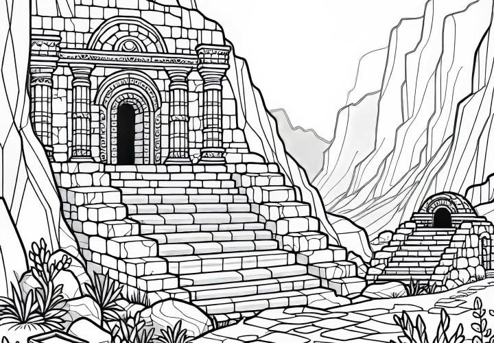 Стълби от камък на руина, които водят към скрито сводесто помещение – Безплатна оцветяваща страница