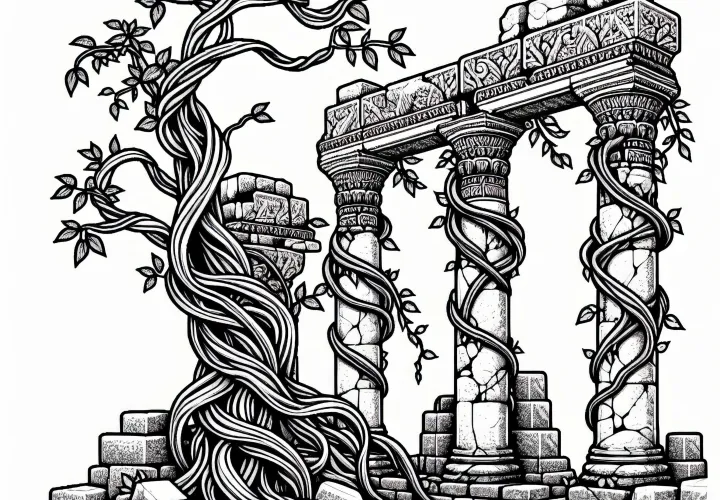 Ruined temple columns with overgrown vines – Free coloring page ruins