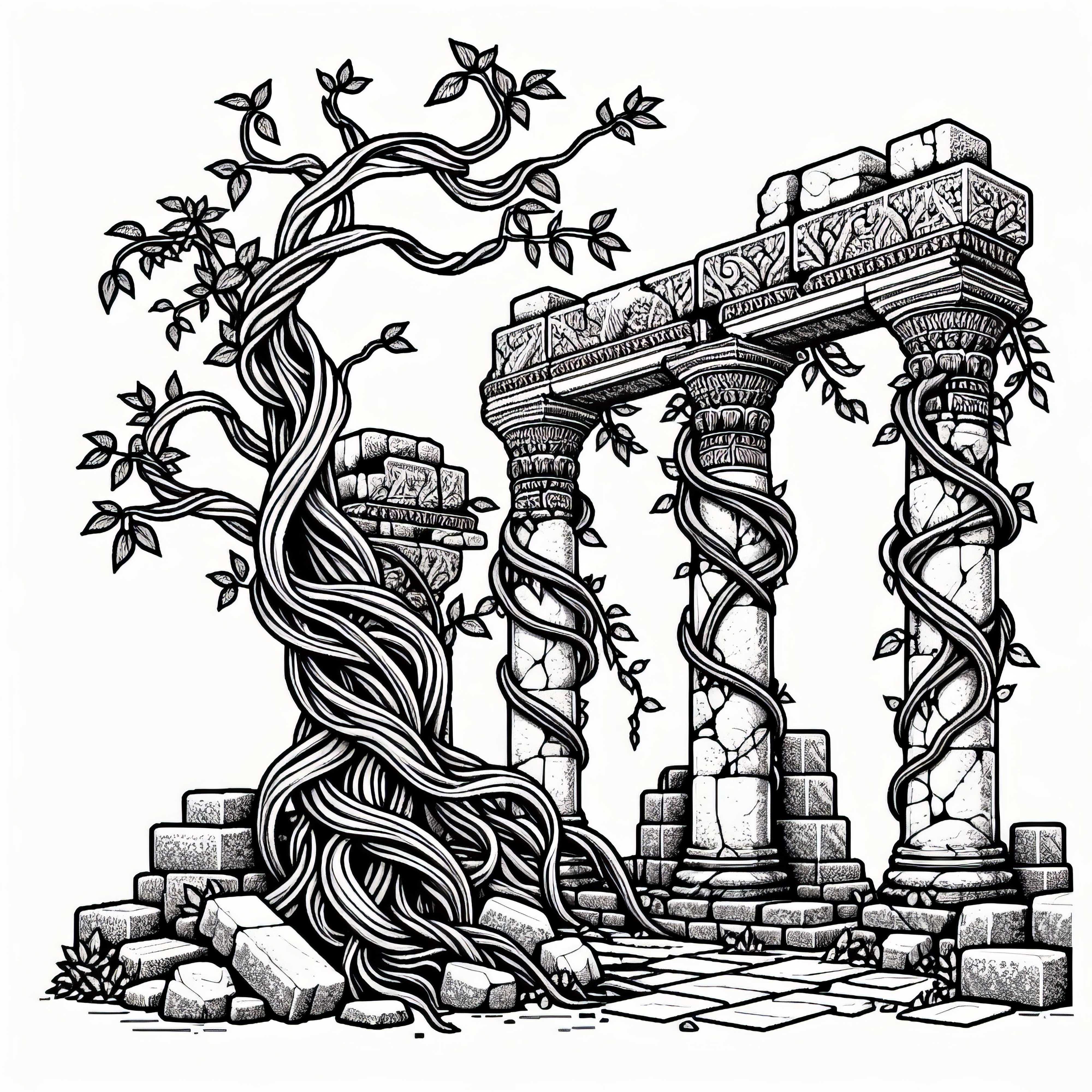 Срутени колони на храмове с вплетени лози – Оцветяваща страница руини безплатно Разрушени храмови колони с вплетени лиани – шаблон за рисуване на руини безплатно