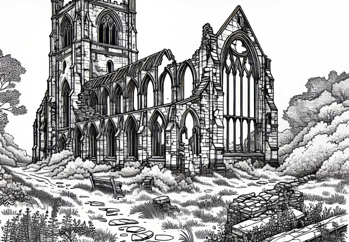 Изоставена църква с счупени прозорци – Оцветяваща картина на руина безплатно