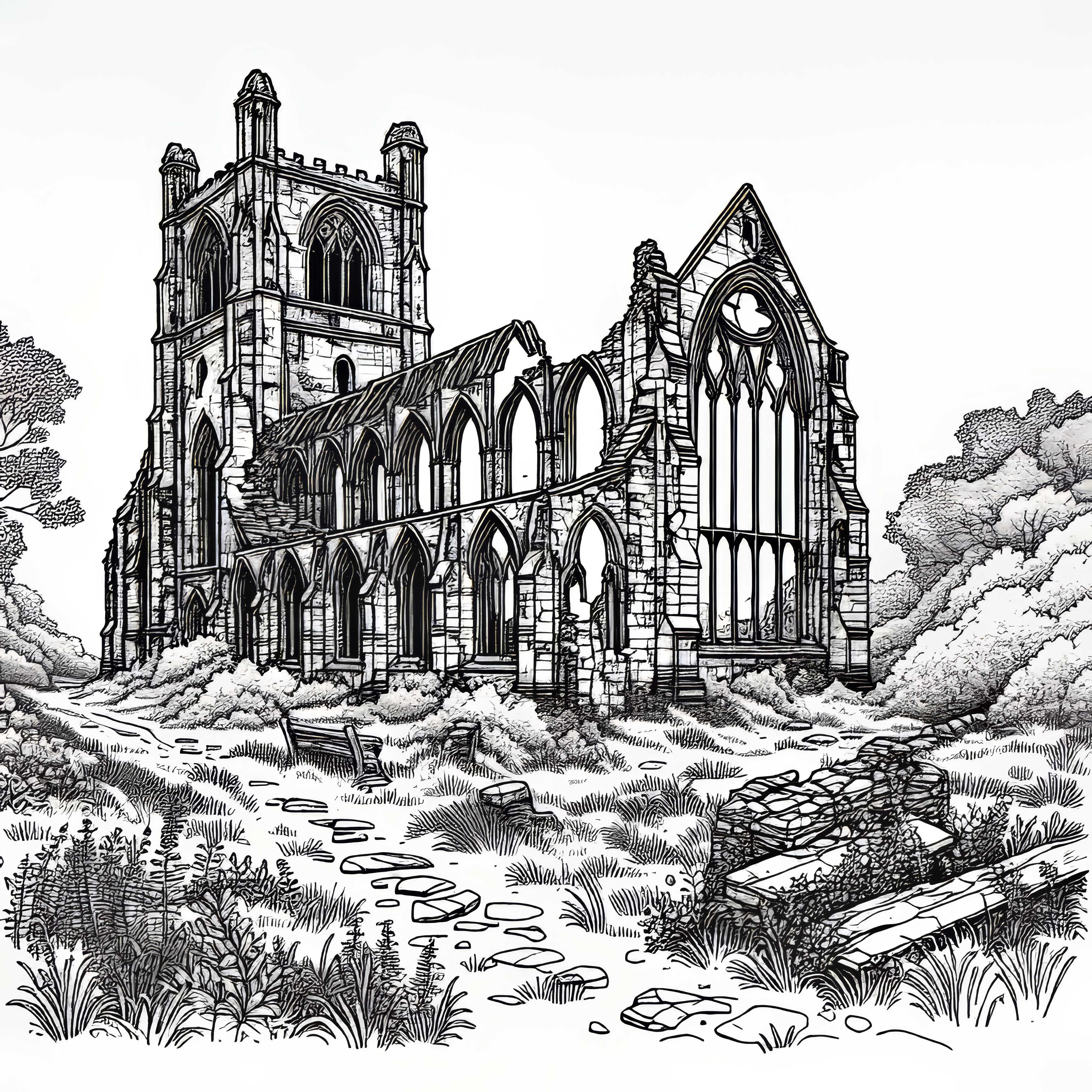 Изоставена църква с разбити прозорци – Оцветяваща картина на руина безплатно Изоставена църква с разбити прозорци – Оцветяваща картичка на руина Безплатно