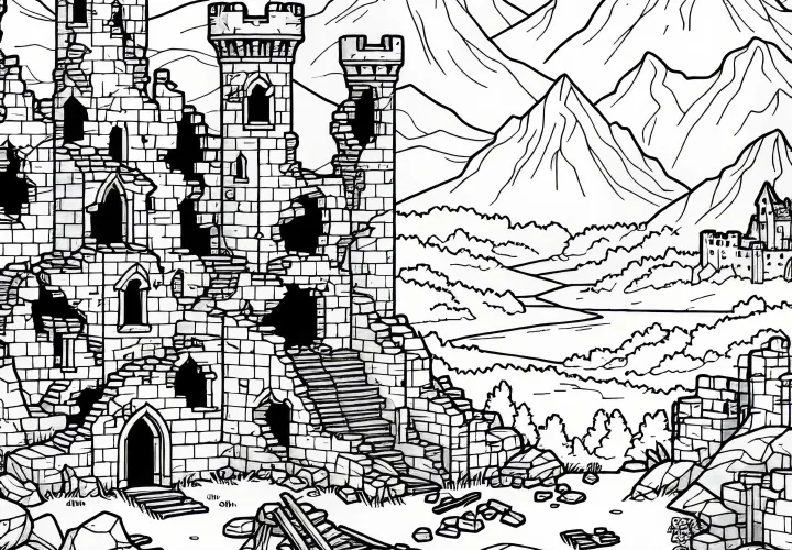 Medieval castle ruin with collapsed walls - coloring page free