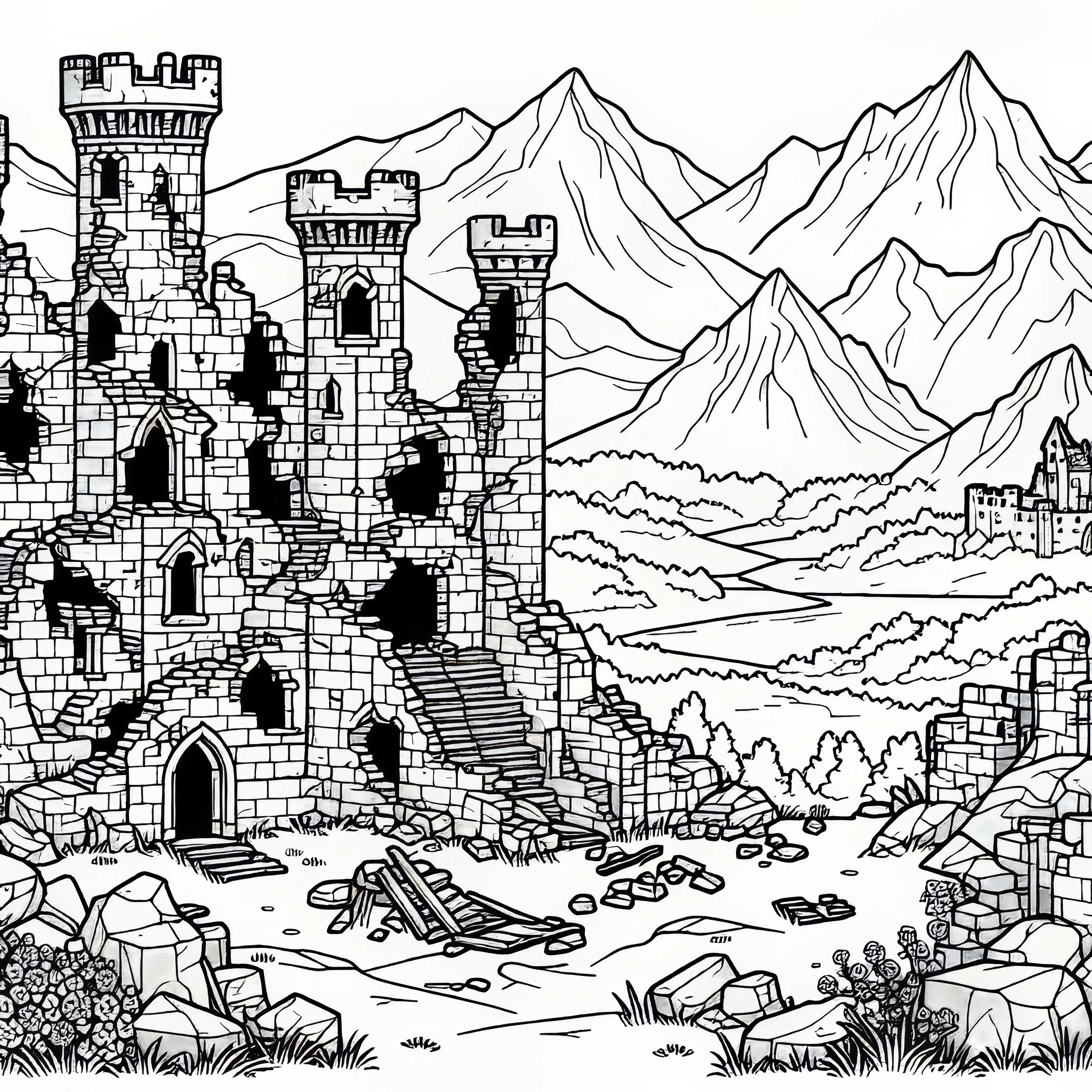 Средновековна замъчна руина с рухнали стени - Оцвети безплатно Средновековна замъчна руина с рухнали стени – Оцветяваща страница безплатно