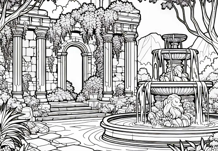Stone fountain in the monitored courtyard of a ruin – coloring page free of charge