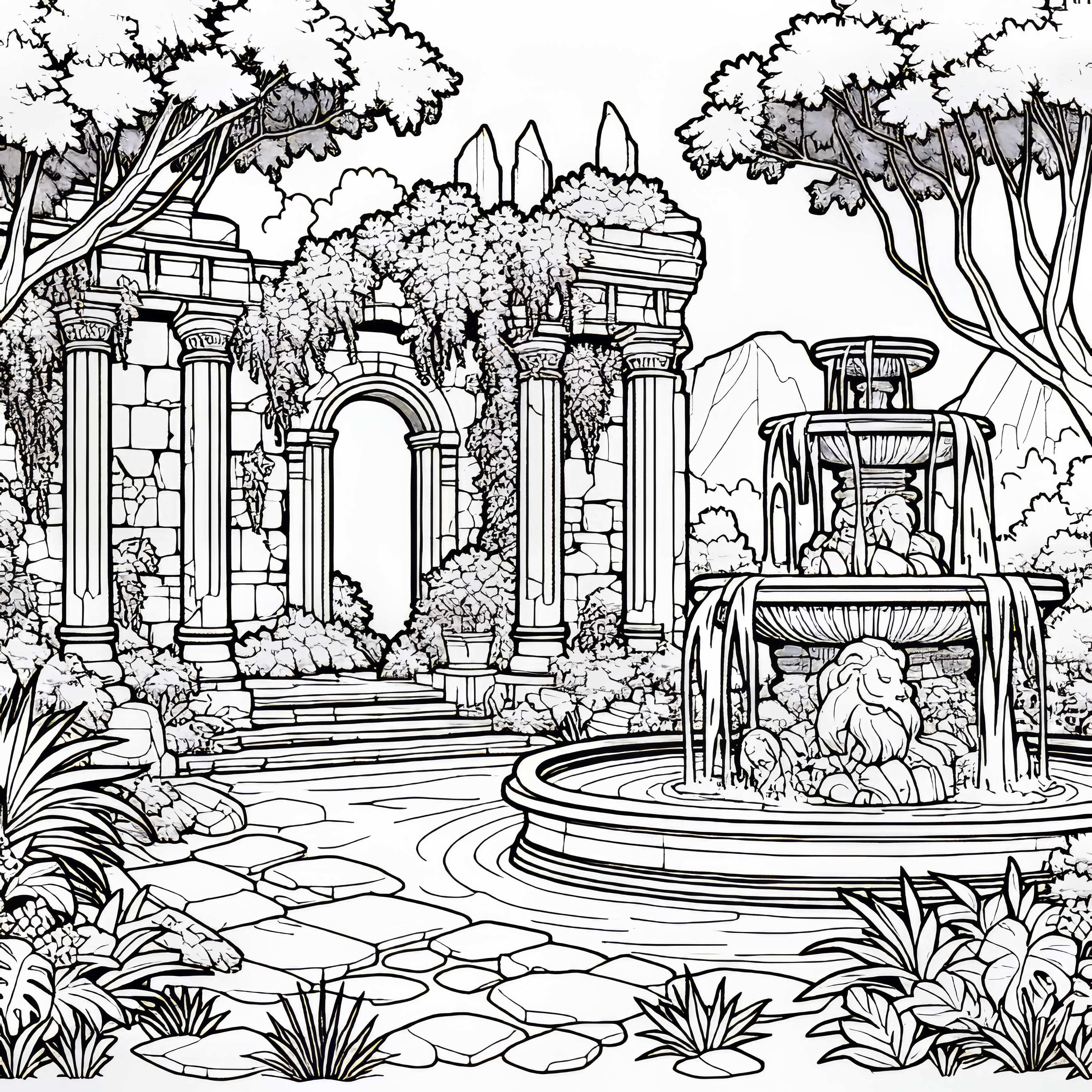 Фонтан от камъни в наблюдаван двор на руина – безплатен шаблон за рисуване Фонтан от камък в наблюдаван двор на руина - безплатен шаблон за рисуване