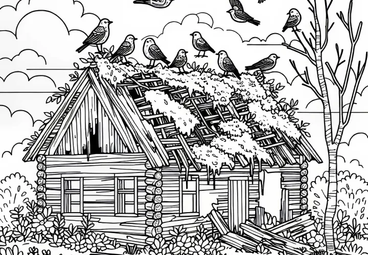 House ruin with moss and birds – Free coloring page