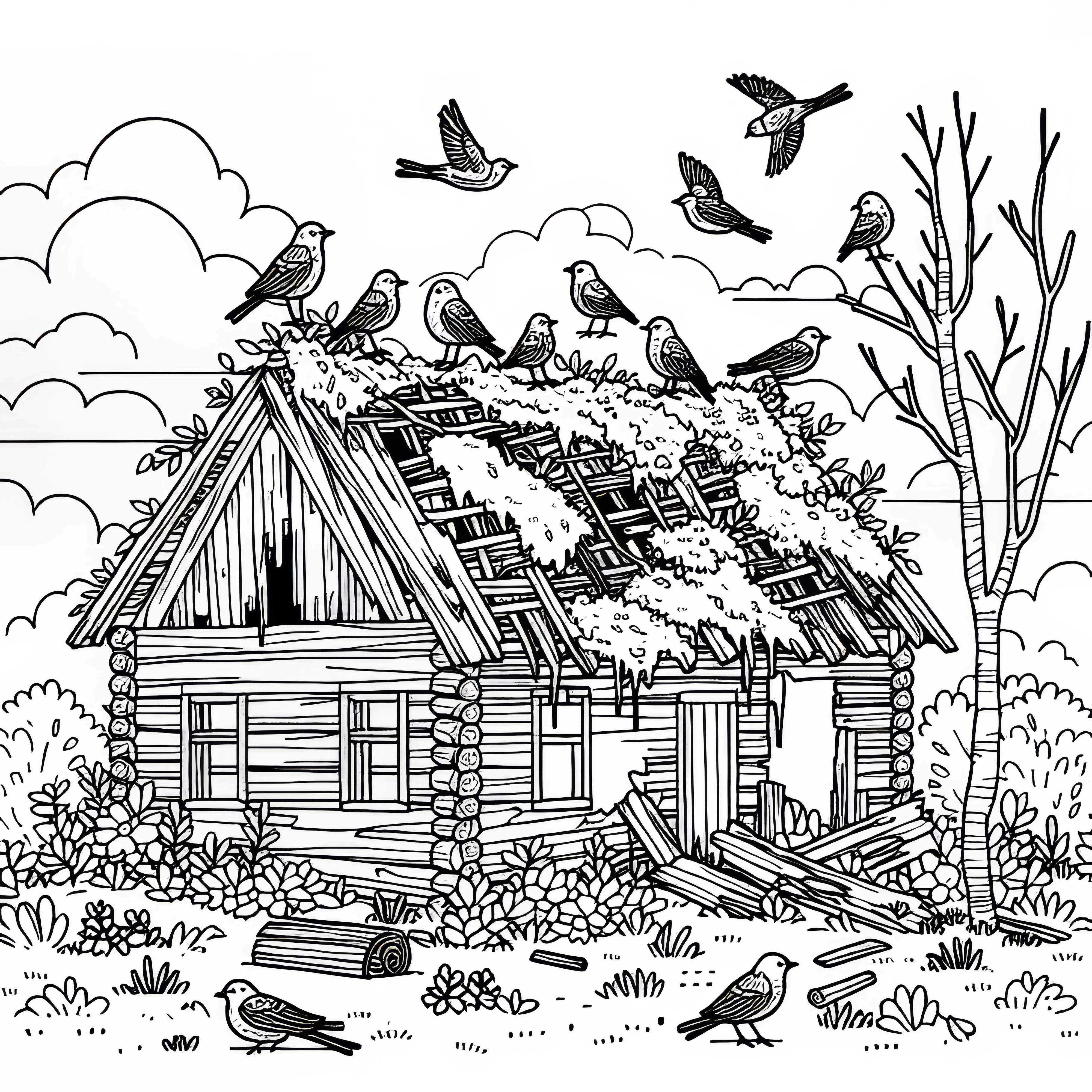 Къща в руини с мъх и птици - безплатна цветна картина Къща в руини с мъх и птици – Безплатен контур за оцветяване