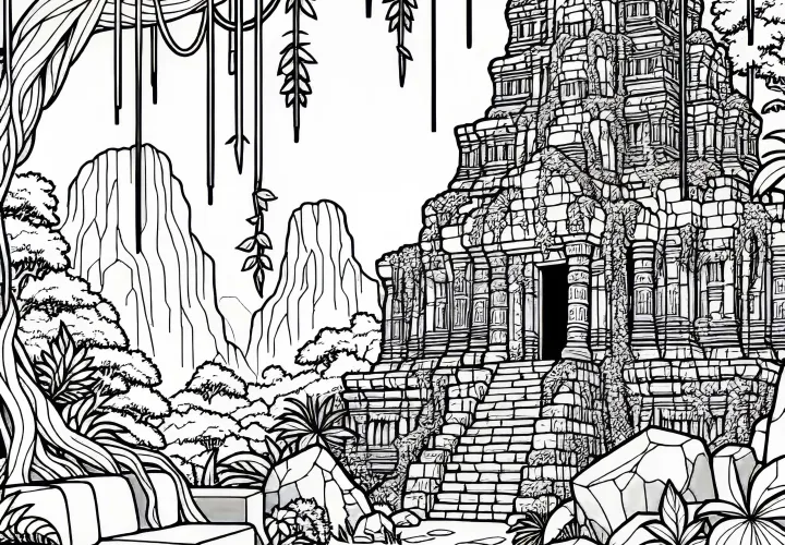 Jungle temple with hanging vines - Free coloring page
