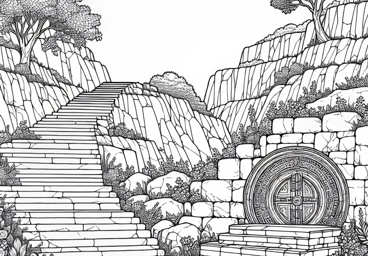 Stone steps of a ruin leading to a hidden vault – Free landscape coloring page
