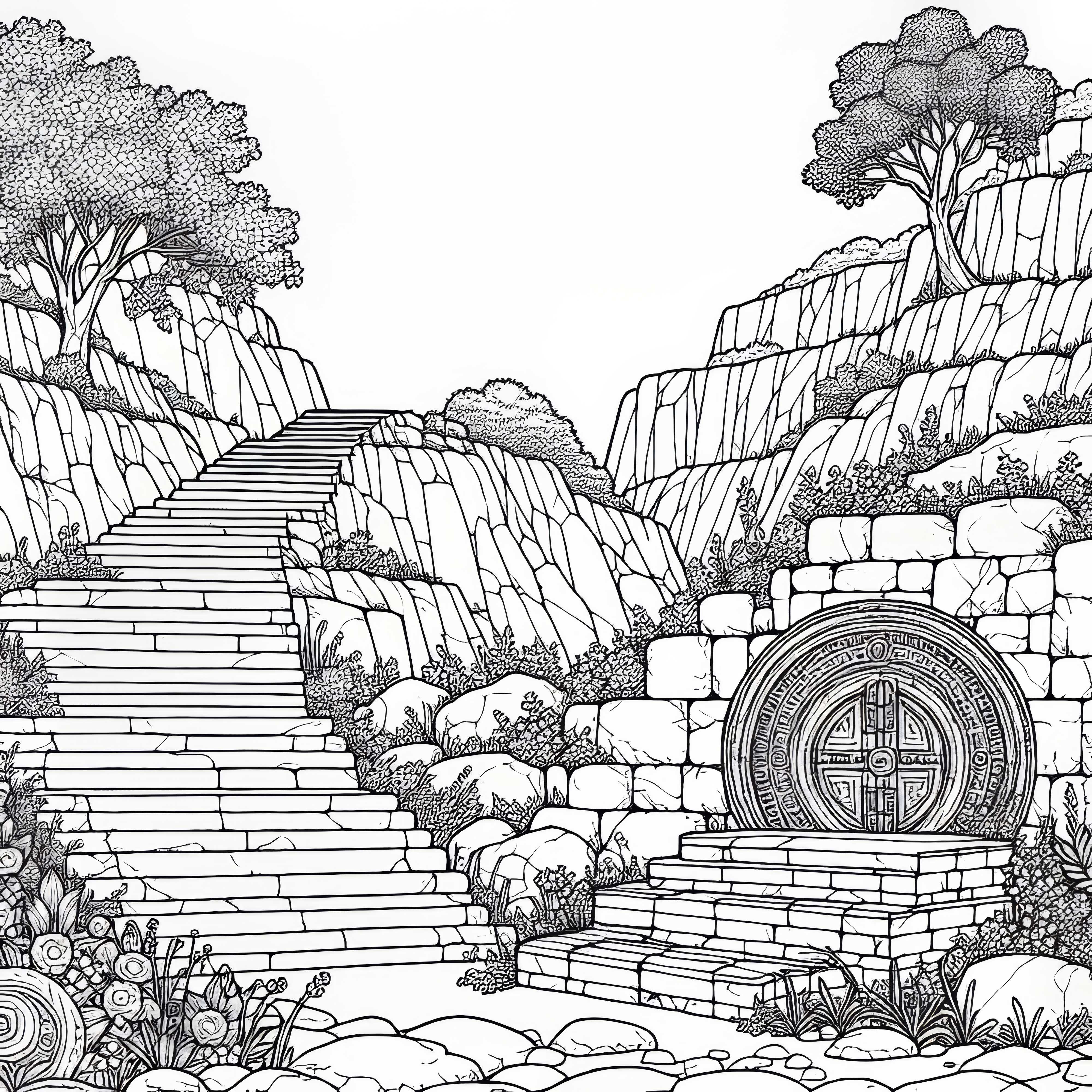 Стълби от камъни на руина, които водят в скрито скривалище – Оцветяваща картинка пейзаж безплатно Стълби от камък на руина, водещи към скрито мазе – Безплатна оцветяваща рисунка на пейзаж