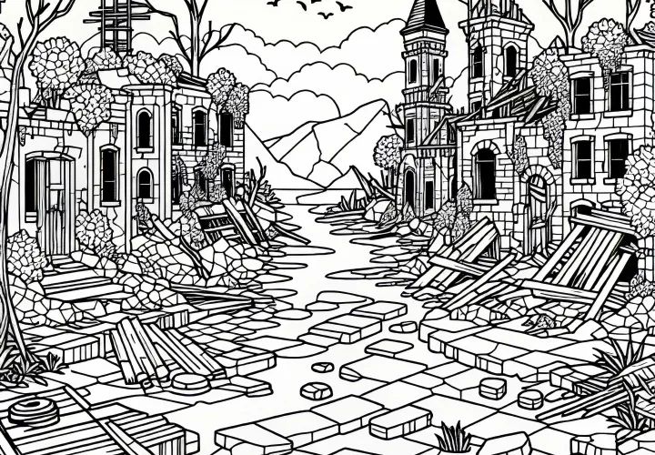 Abandoned city with broken cobblestones – coloring page for landscapes
