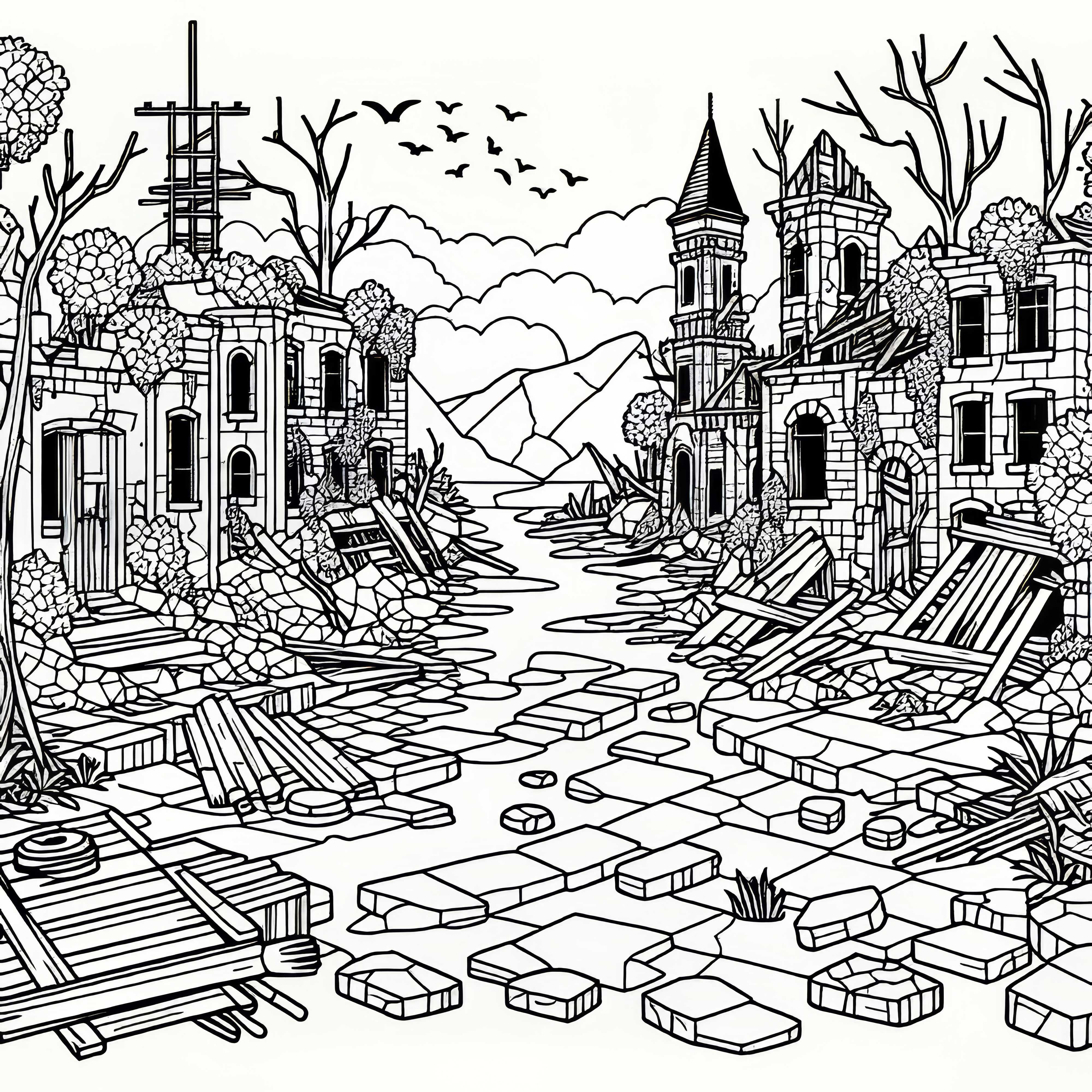 Изоставен град с разбити павета - Декоративна картинка за пейзажи Изоставен град с разбити павета – Оцветяваща картина за пейзажи