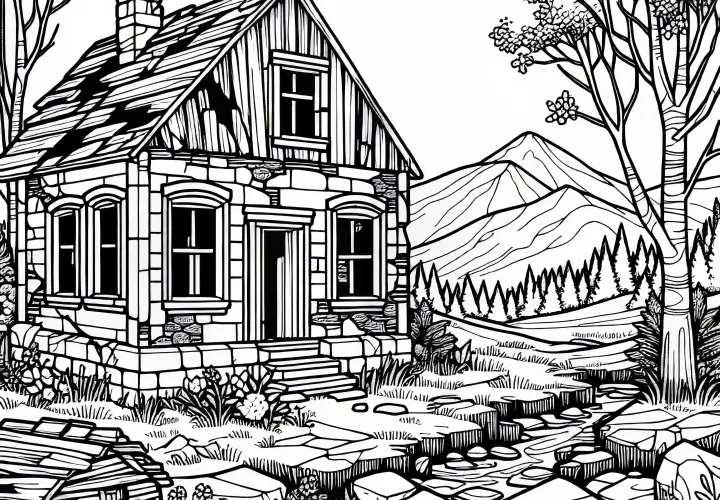 House ruin coloring template in a landscape - Free
