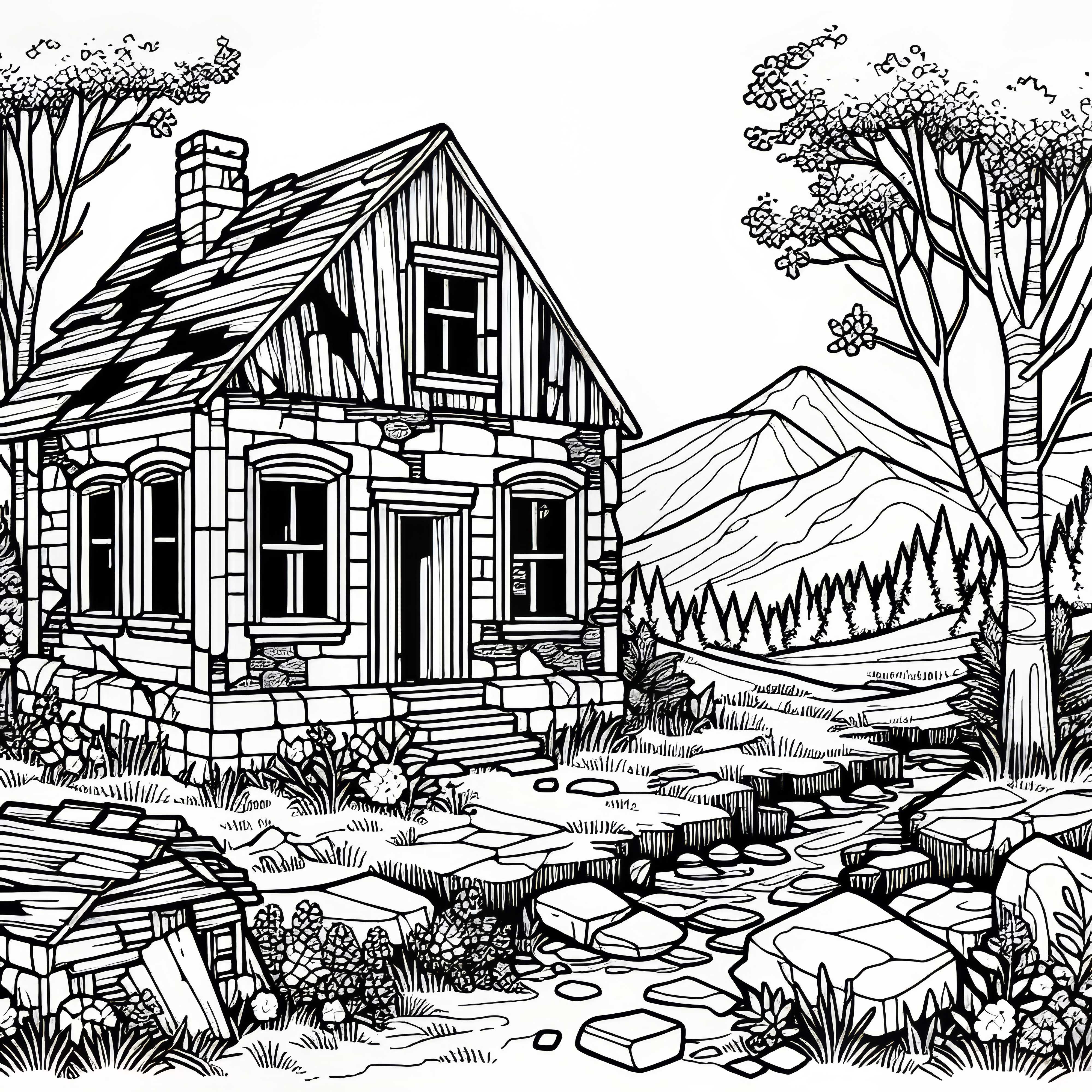 Скица на руина на къща в пейзаж – Безплатно Руина на къща шаблон за оцветяване в пейзаж – Безплатно