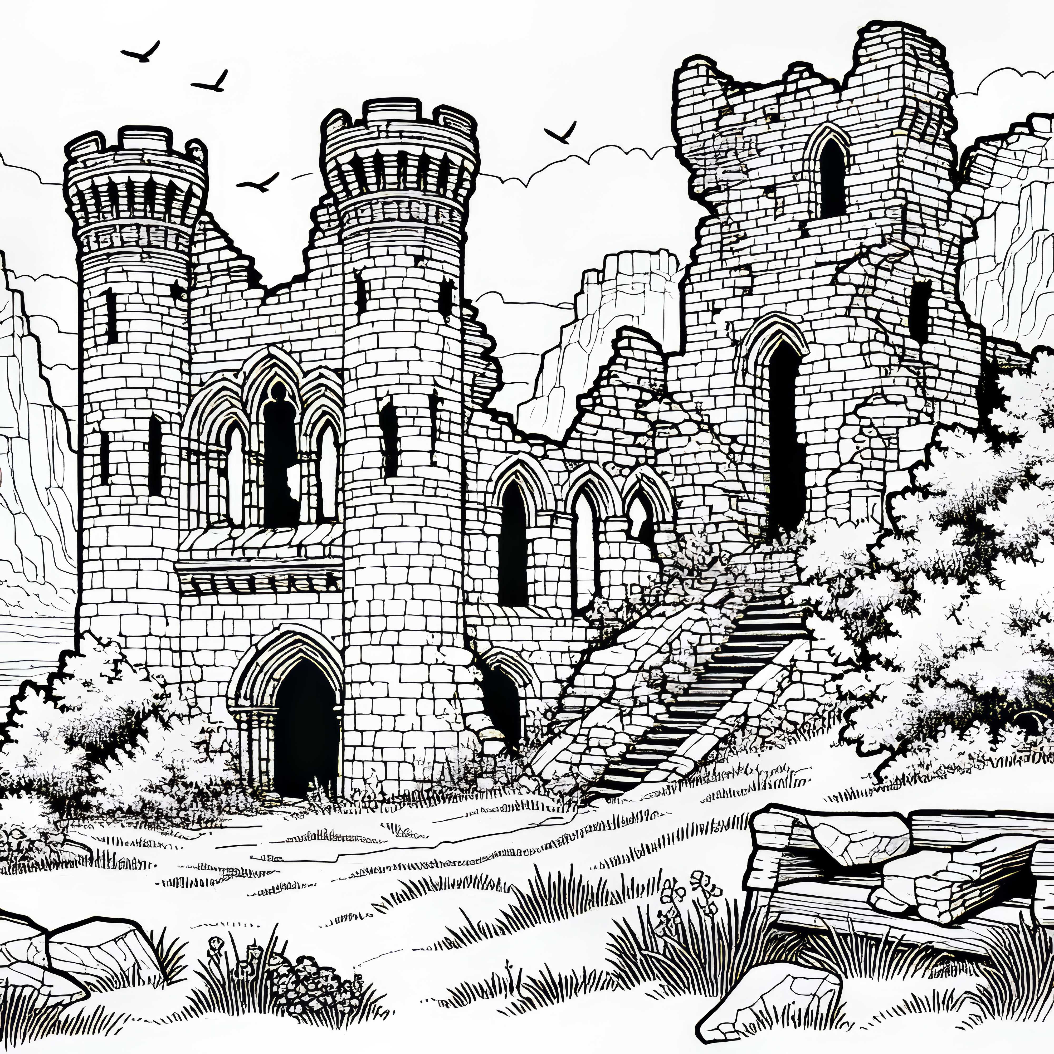Разрушена крепост оцветяваща картина пейзаж безплатно Безплатна рисувателна картина на развалини на замък в пейзаж