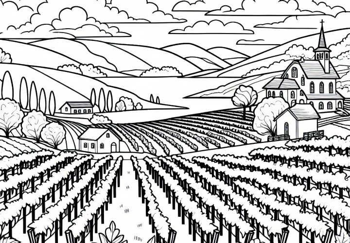 Vineyard on a hill overlooking the valley - Free coloring page
