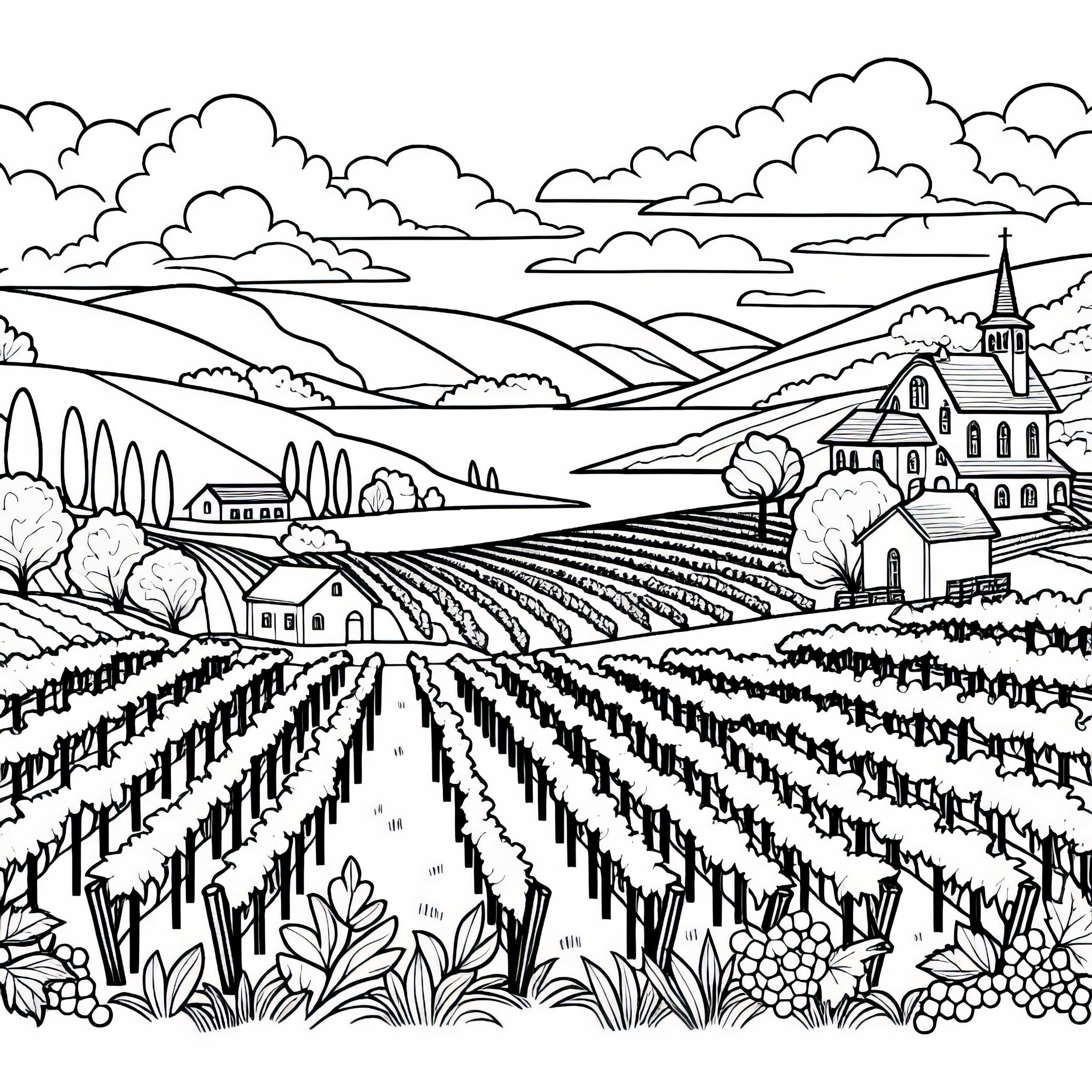 Vineyard on a hill overlooking the valley – Free coloring page