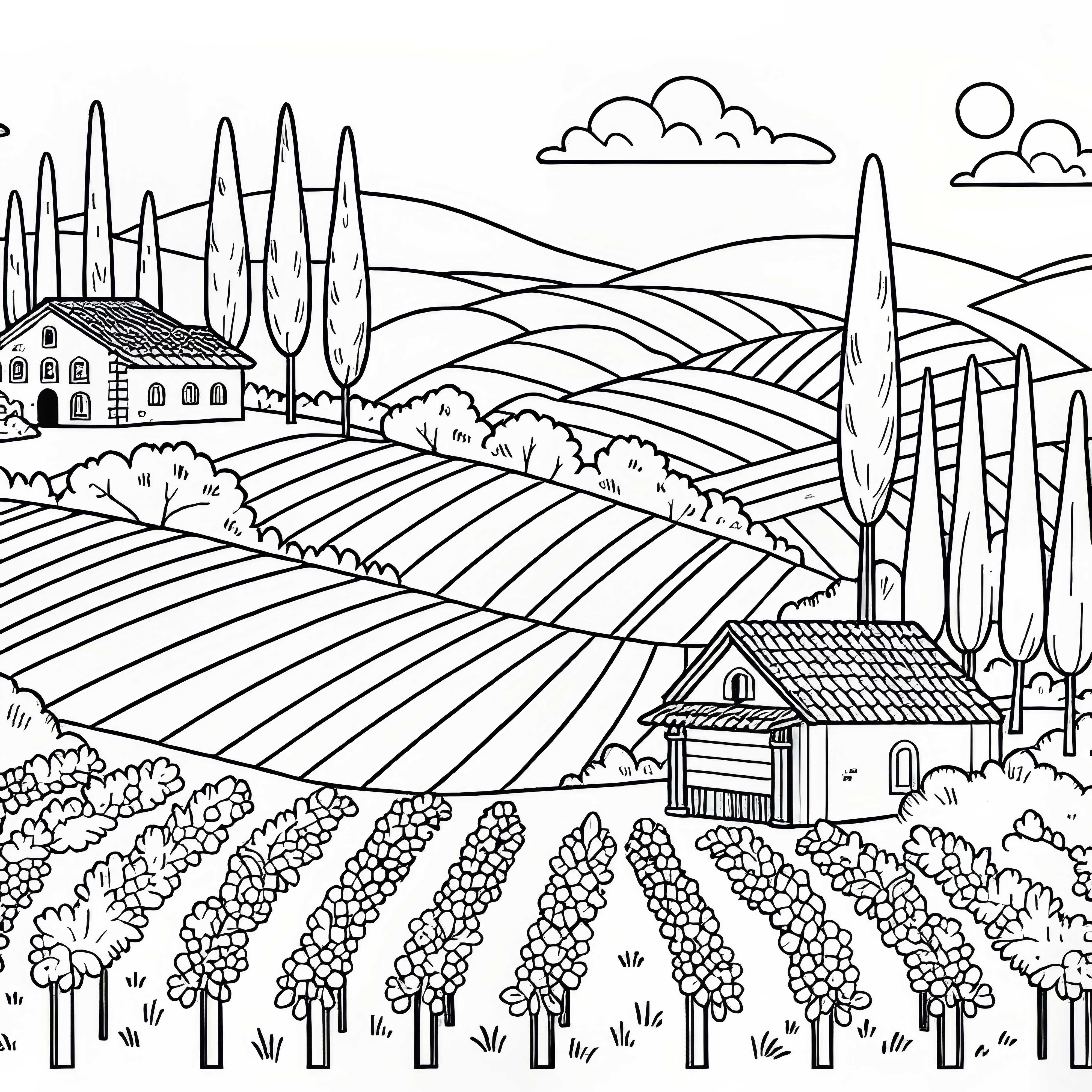 Cypress trees and small vineyards among the vines – free coloring page Cypress trees and small wineries among the vines – Free coloring template