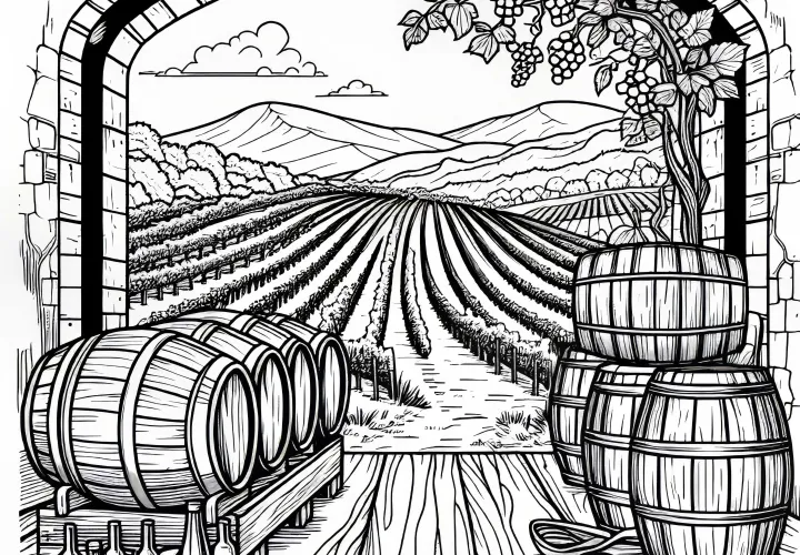 Wooden barrels in an old wine cellar – Free coloring page