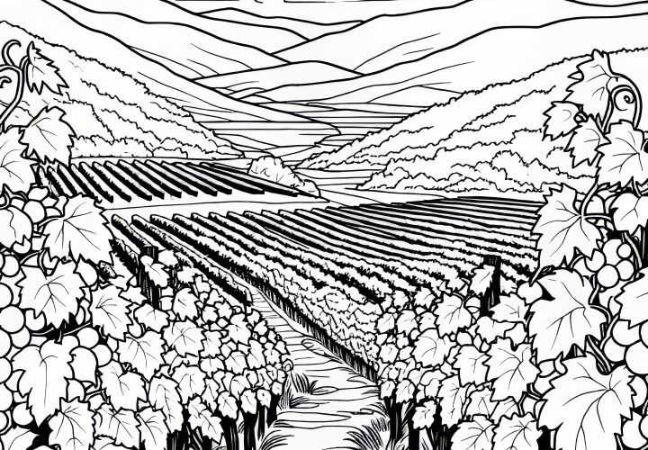 Narrow path between grapevines of a vineyard - Free coloring page