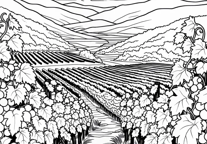 Narrow path between grapevines of a vineyard - Free coloring page