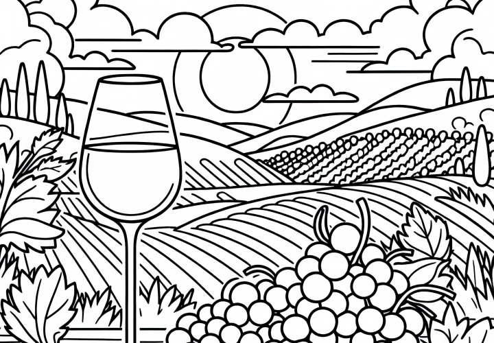 Wine glass with grapes next to it – Free coloring page vineyard