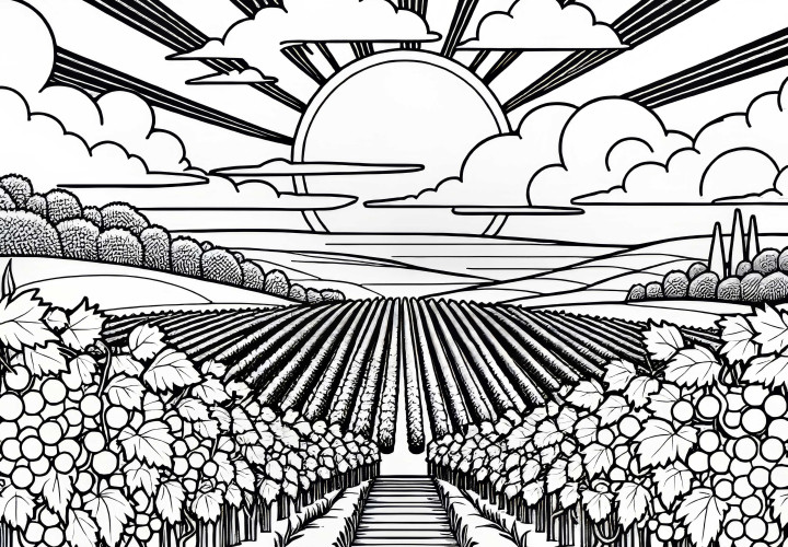 Sunset over vineyards as a coloring page for free