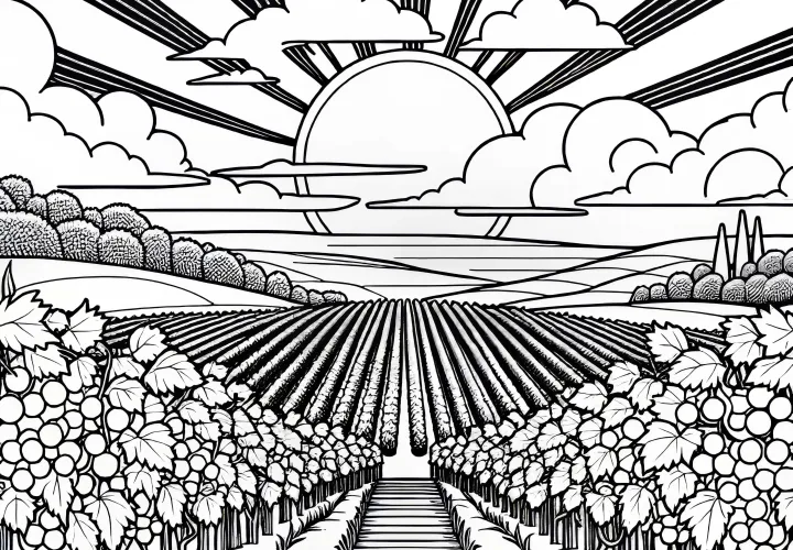 Sunset over vineyards as a coloring page for free