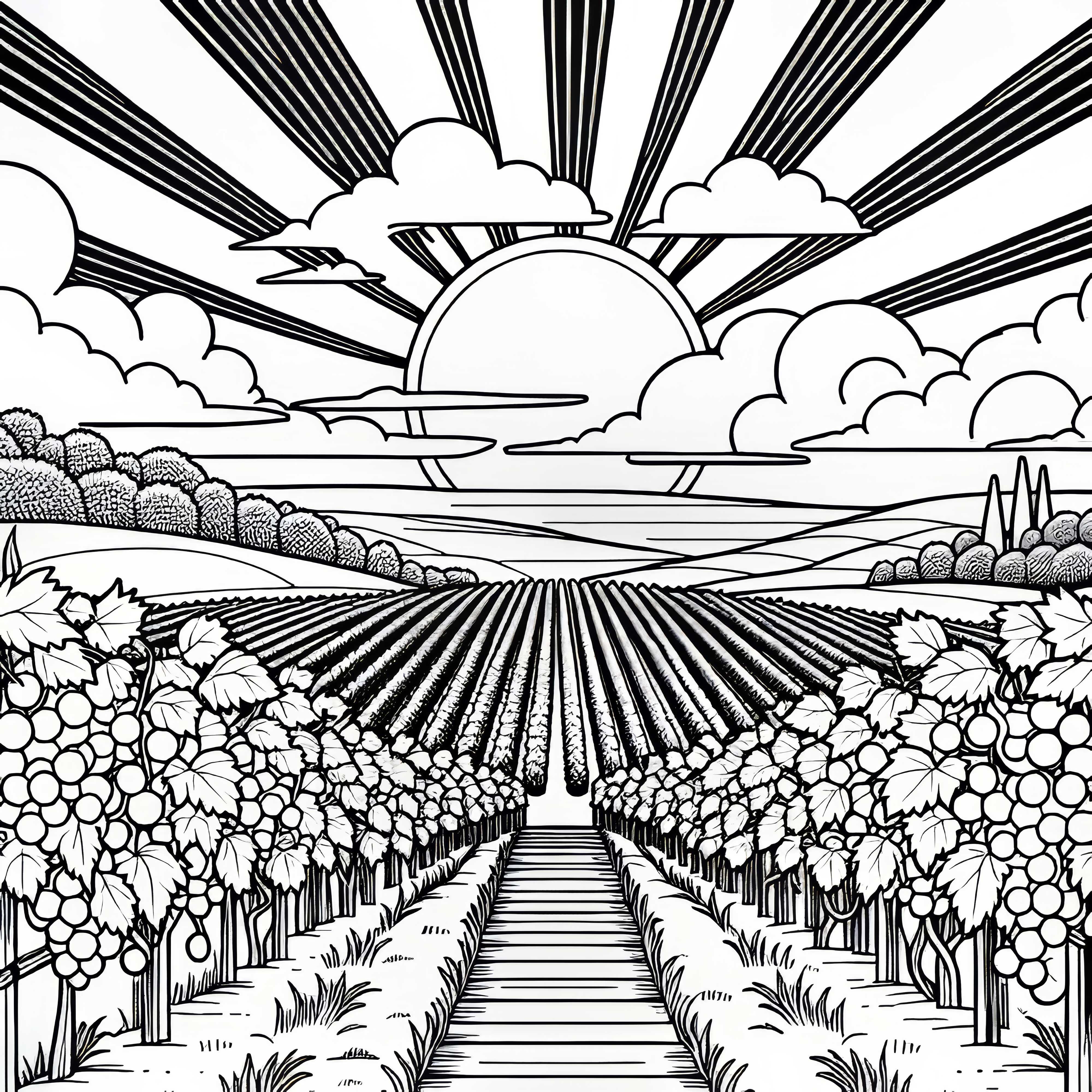 Sunset over vineyards as a free coloring page Sunset over vineyards as a coloring page for free