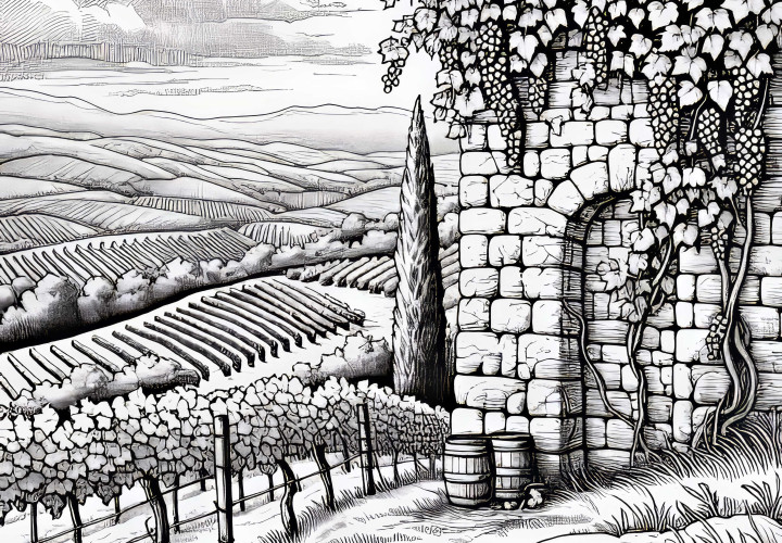 Old stone wall with vines on vineyard coloring page free