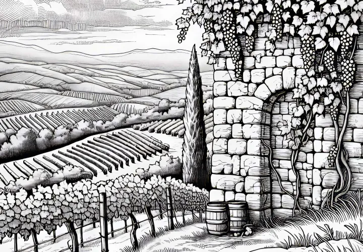 Old stone wall with vines on vineyard coloring page free