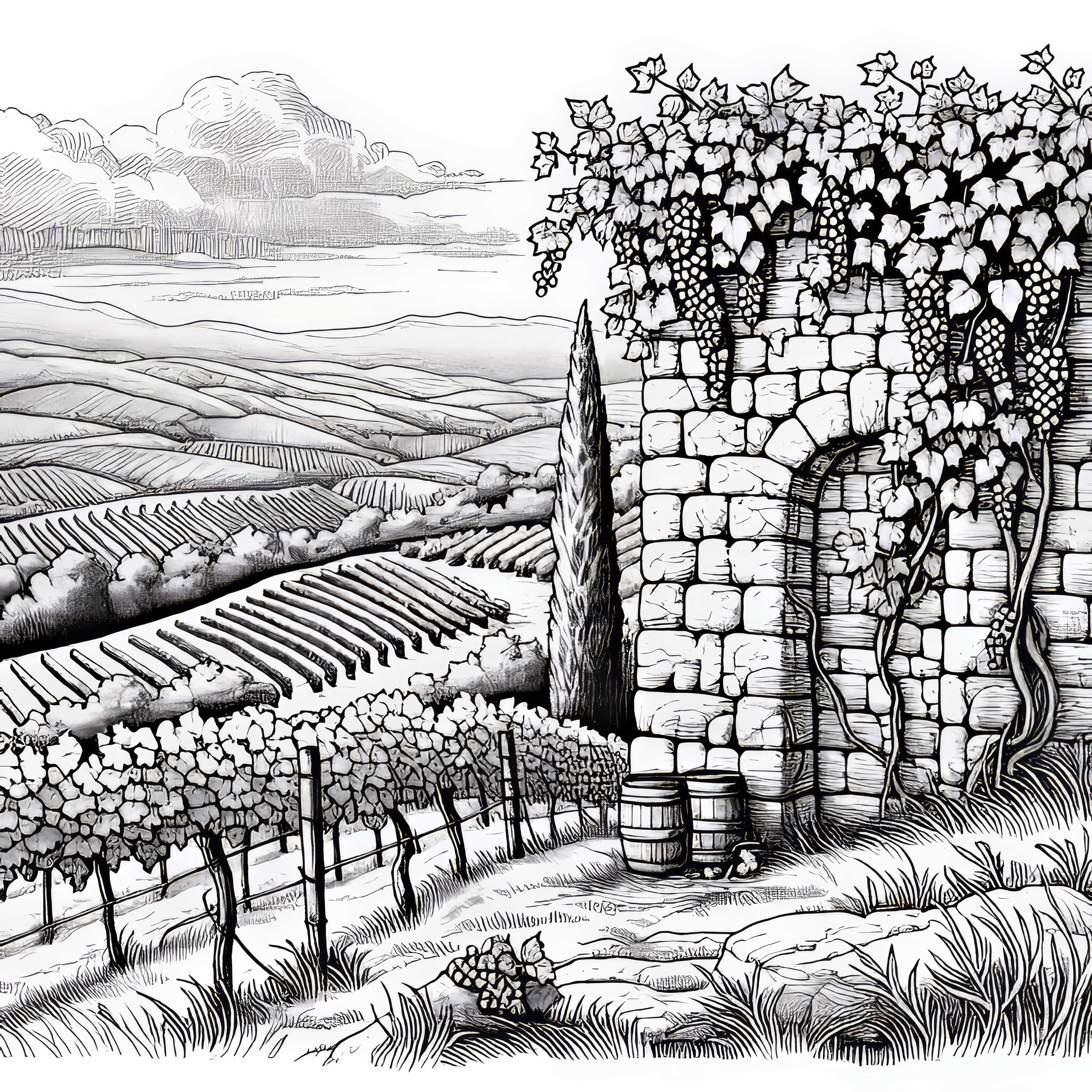 Old stone wall with vine plants on vineyard coloring page free
