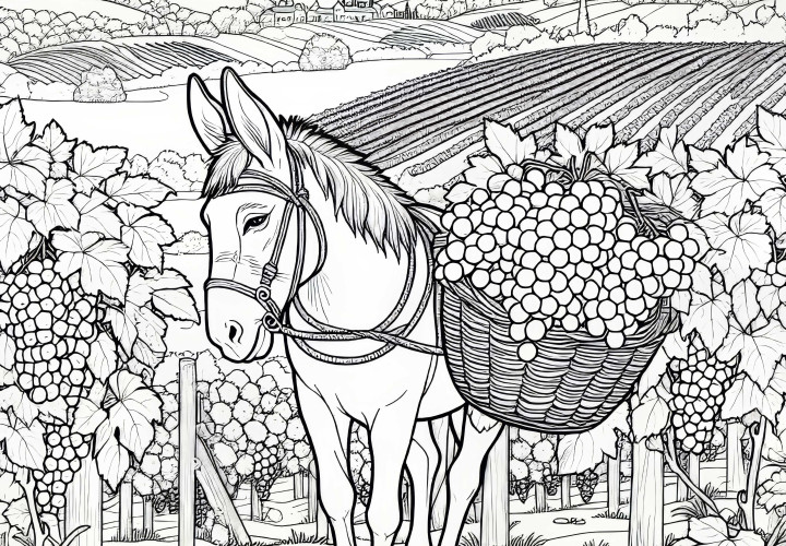 Donkey with a basket full of grapes - Coloring page for vineyard