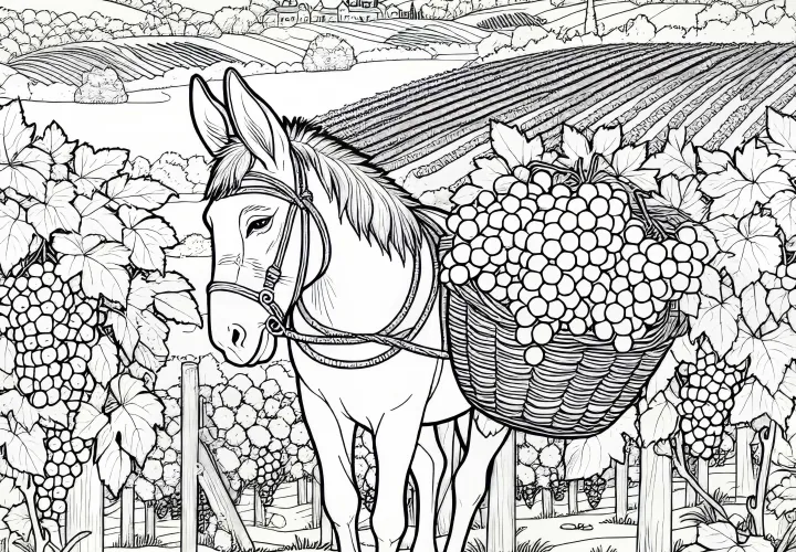 Donkey with a basket full of grapes - Coloring page for vineyard