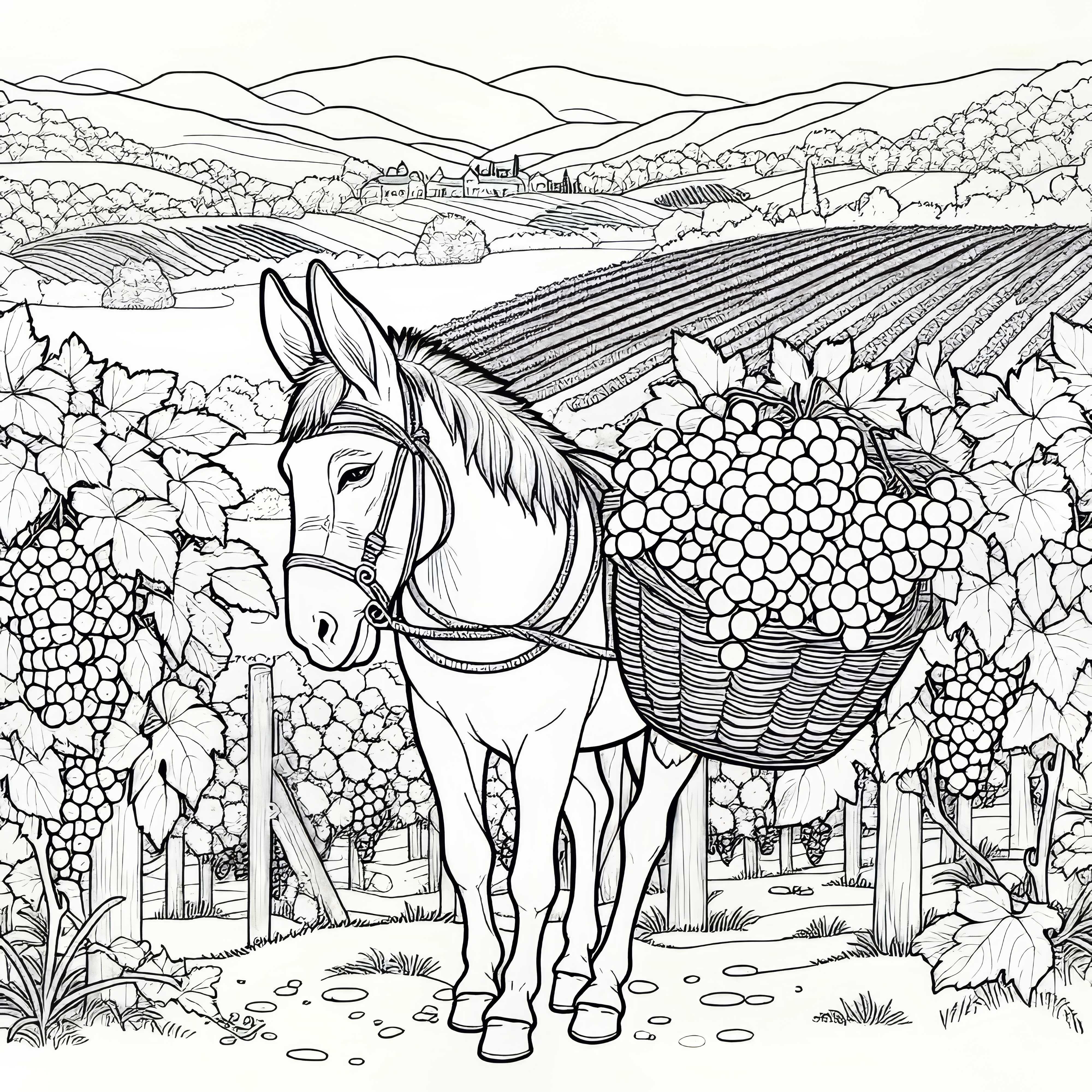 Donkey with a basket full of grapes – Coloring page for vineyard