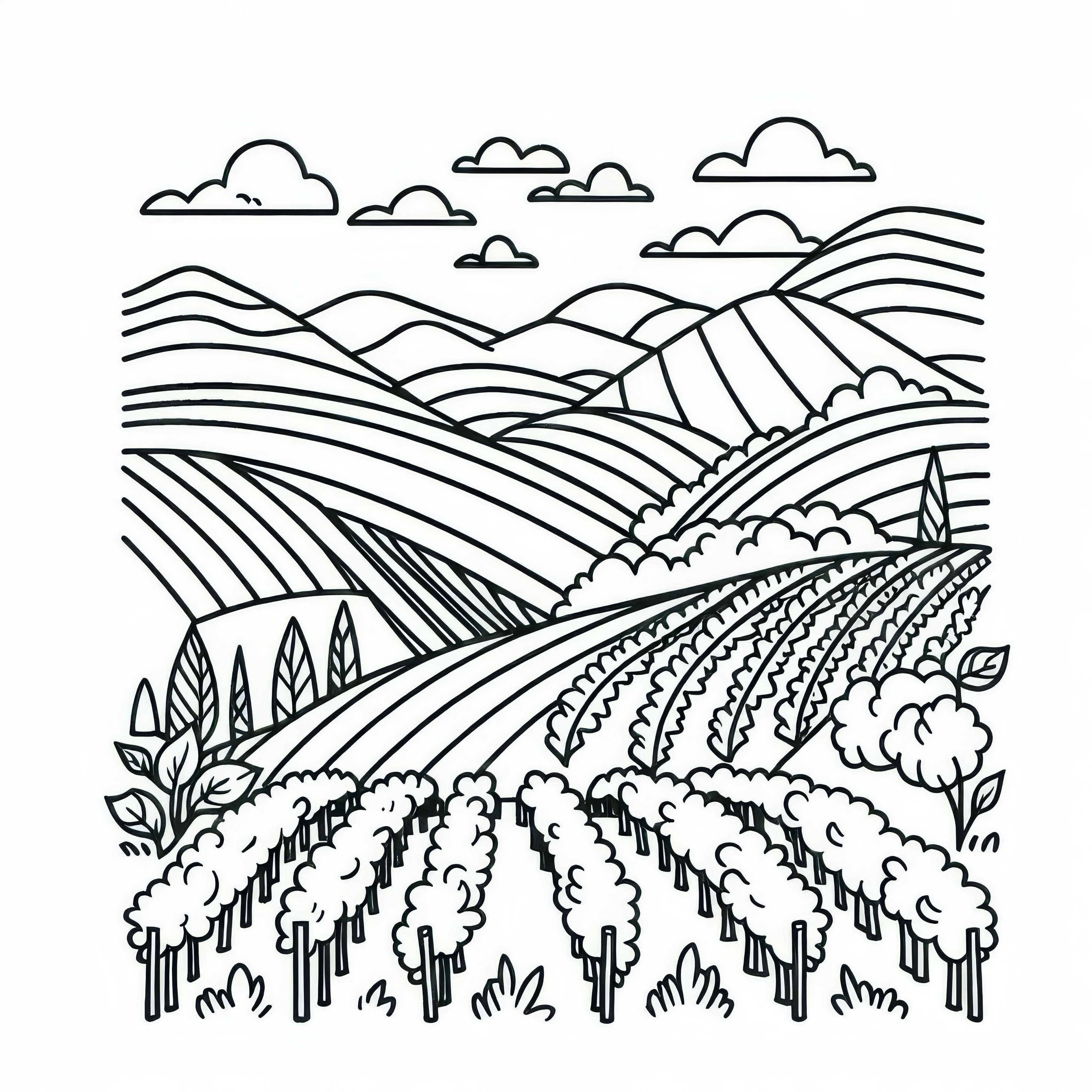 Weinberg auf Hügel mit Blick ins Tal - Malvorlage für Landschaft