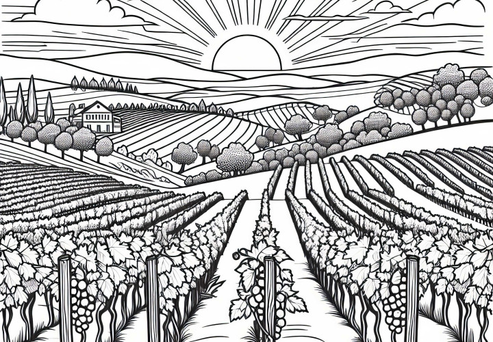 Sunset over vineyards – Download free coloring page