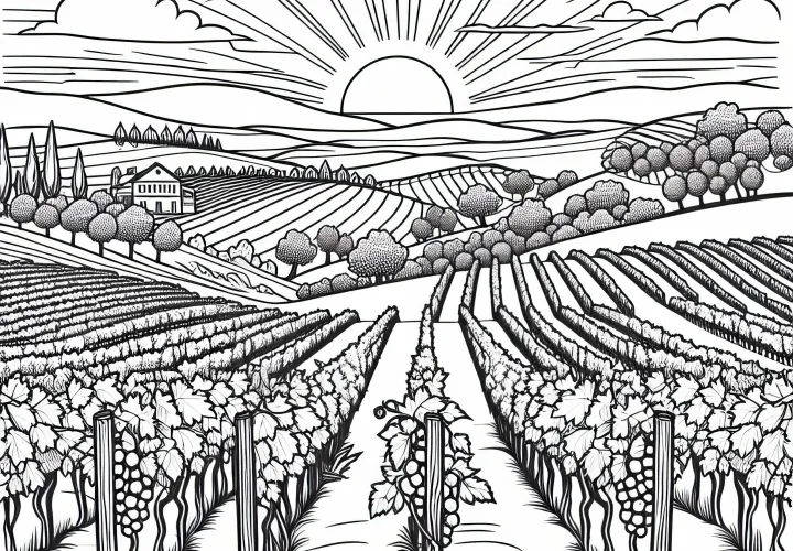 Sunset over vineyards – Download free coloring page