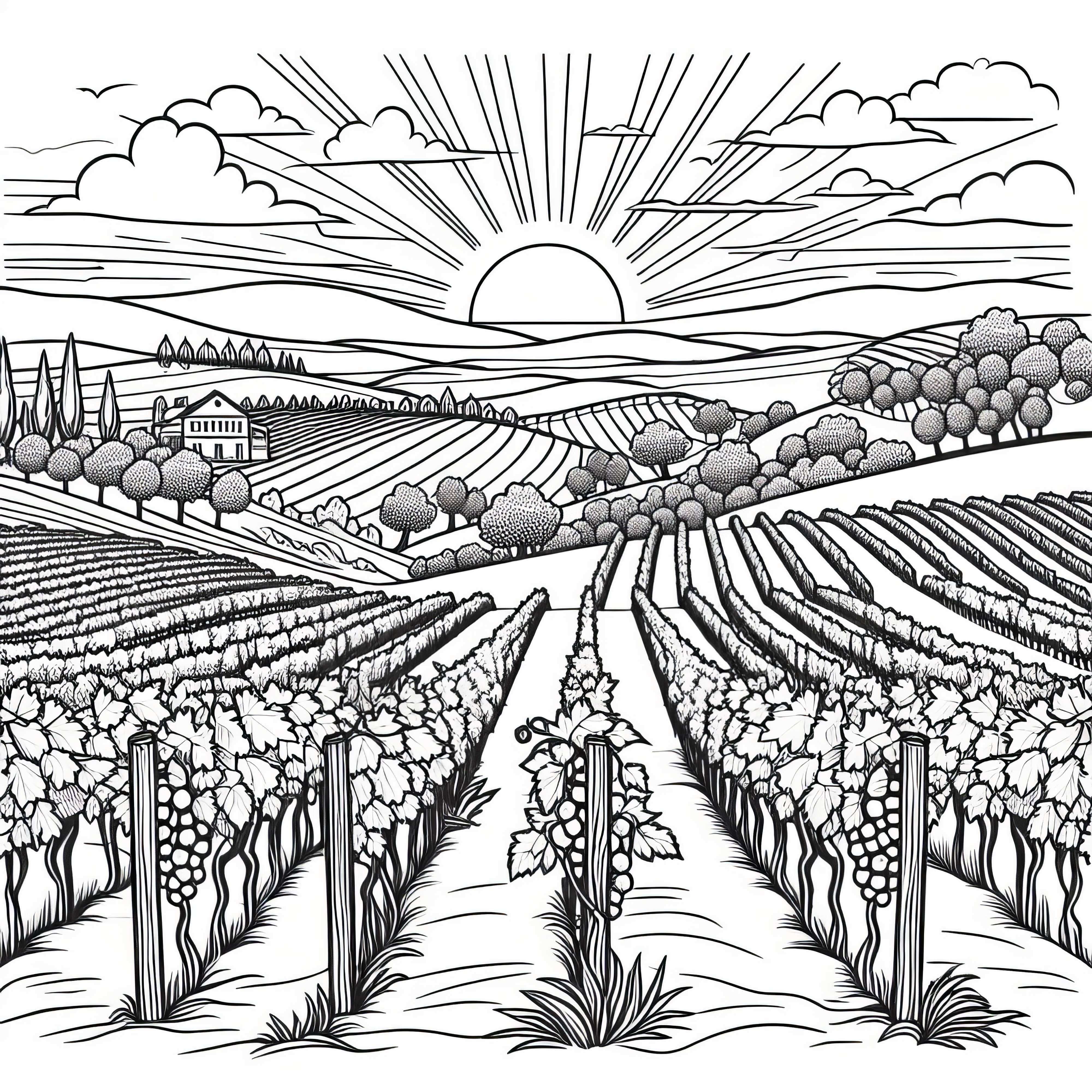 Sunset over vineyards - free coloring page download