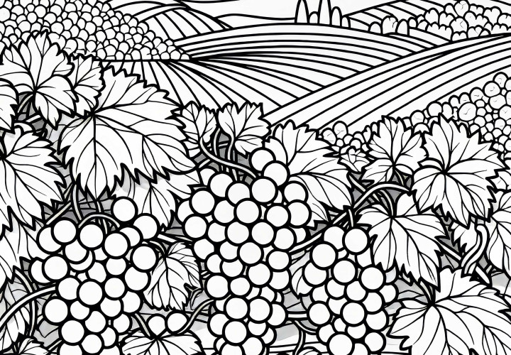 Vines with full grape clusters - Vineyard coloring page free