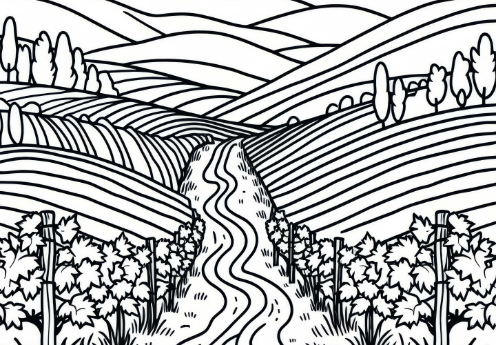 Narrow path between grapevines of a vineyard - free coloring page