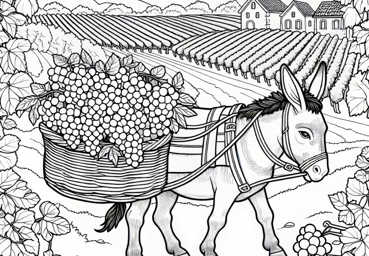 Donkey with basket full of grapes - Free coloring page in the vineyard to download