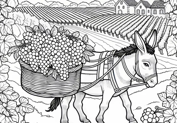 Donkey with basket full of grapes - Free coloring page in the vineyard to download