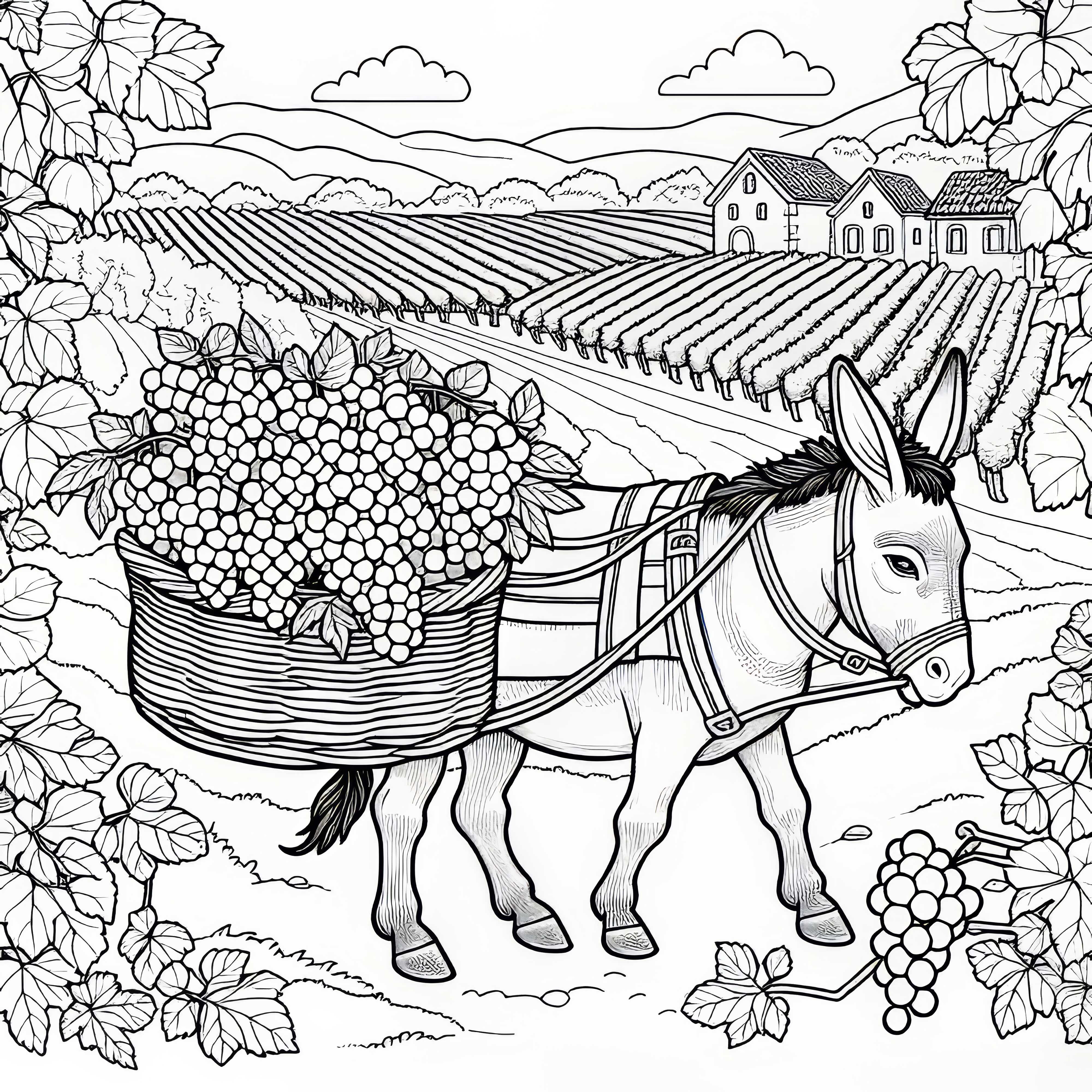 Donkey with a basket full of grapes - Free coloring page in the vineyard to download