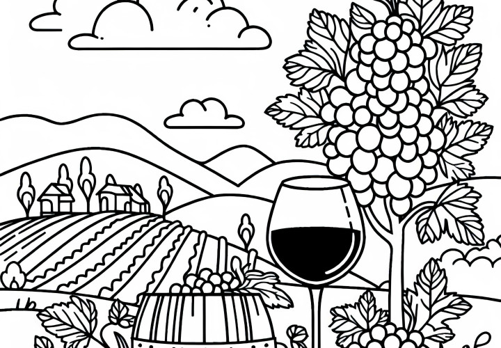 Wine glass with grapes beside it as a coloring page for vineyard – Free