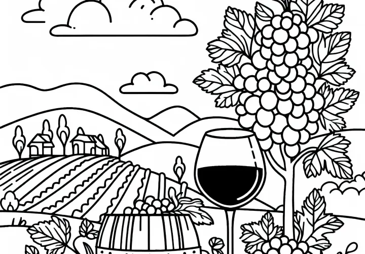 Wine glass with grapes beside it as a coloring page for vineyard – Free