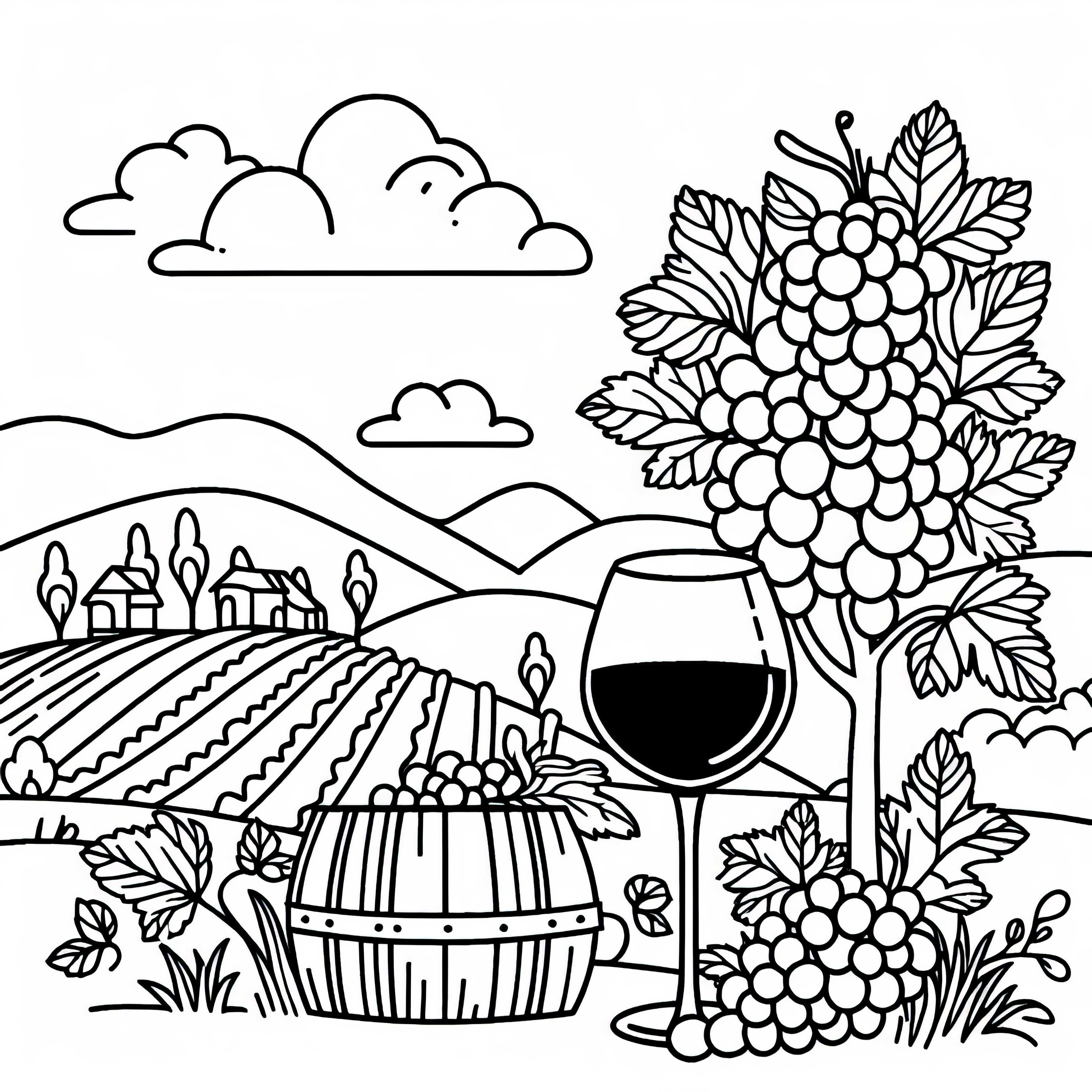 Wine glass with grapes beside it as a coloring template for vineyard - Free