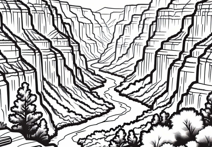 Дълбоко изсечено ждрело с река - безплатна оцветяваща страница