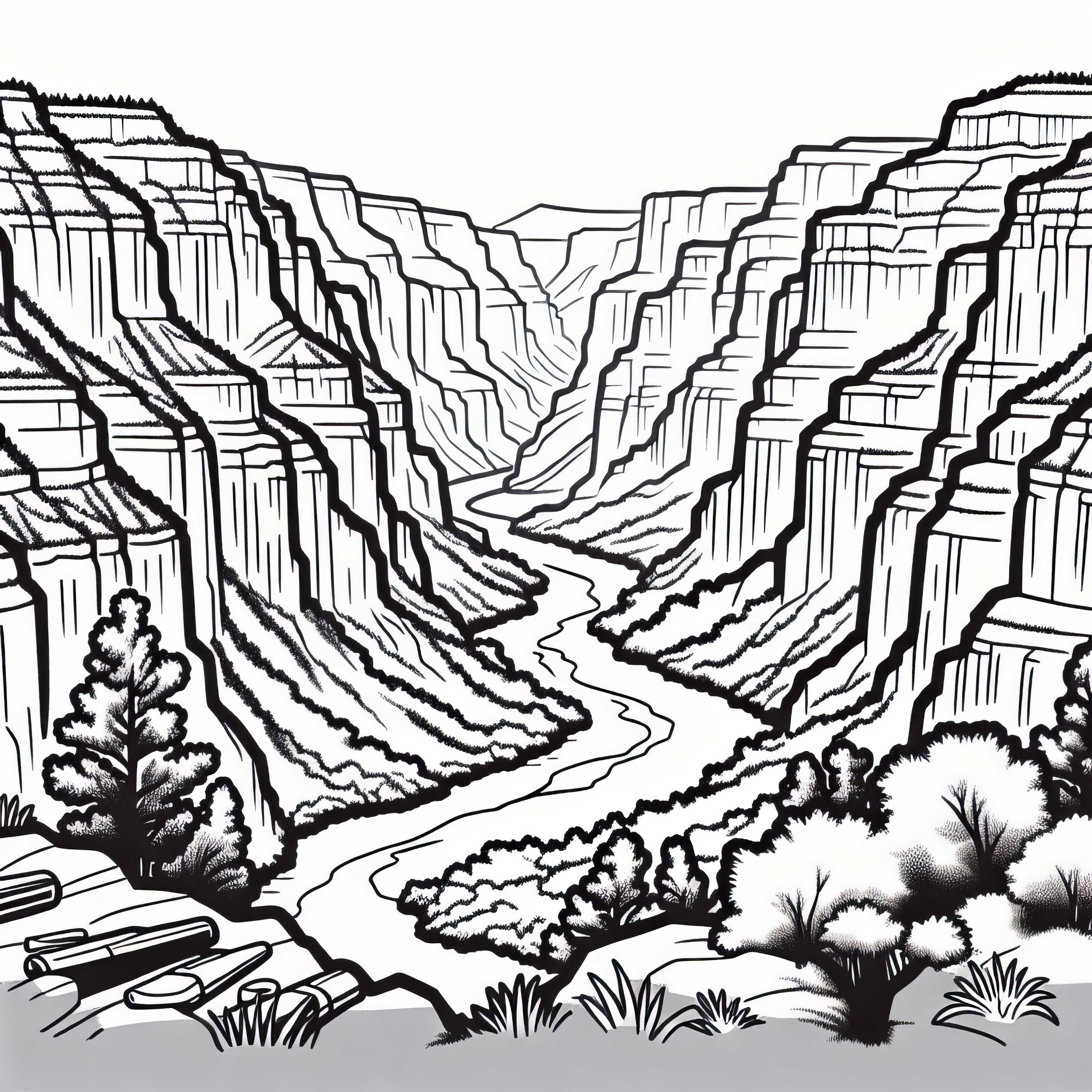Дълбоко изсечен каньон с река – оцветяваща страница безплатно Дълбоко изсечено дефиле с река – Безплатна картина за оцветяване